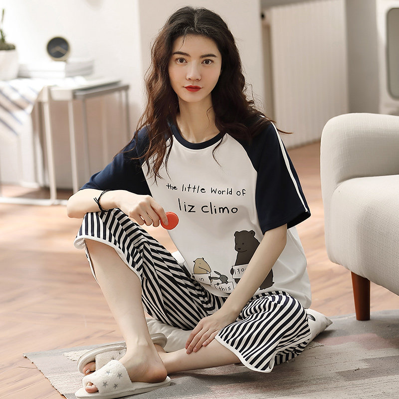薄女套装短袖七分裤夏季纯棉睡衣 朵拉日记睡衣/家居服套装