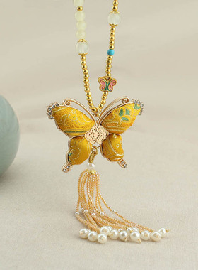 新中式国风宋锦蝴蝶流苏项链女串珠吊坠长款毛衣链唐装旗袍配饰品