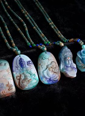 新中式国风串珠木珠毛衣链仿七彩斑灵石雕刻吊坠福禄龙牌旗袍配饰