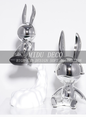 现代简约卡通火箭兔摆件潮流手办样板房树脂儿童房动物家居装饰品