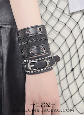 叠戴铆钉手链皮革腕带皮带扣手镯