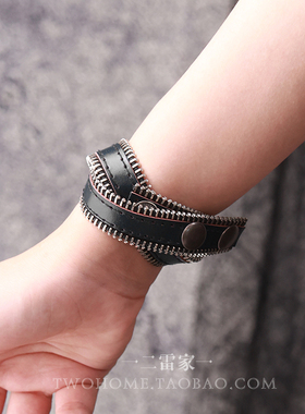 拉链边手链皮手环个性黑色手环