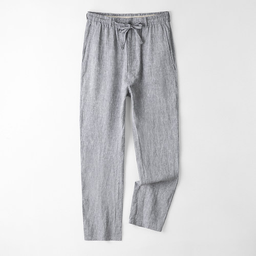 高端男士纯亚麻休闲裤宽松直筒长裤麻料男裤夏季薄款透气加长裤子 - 图0