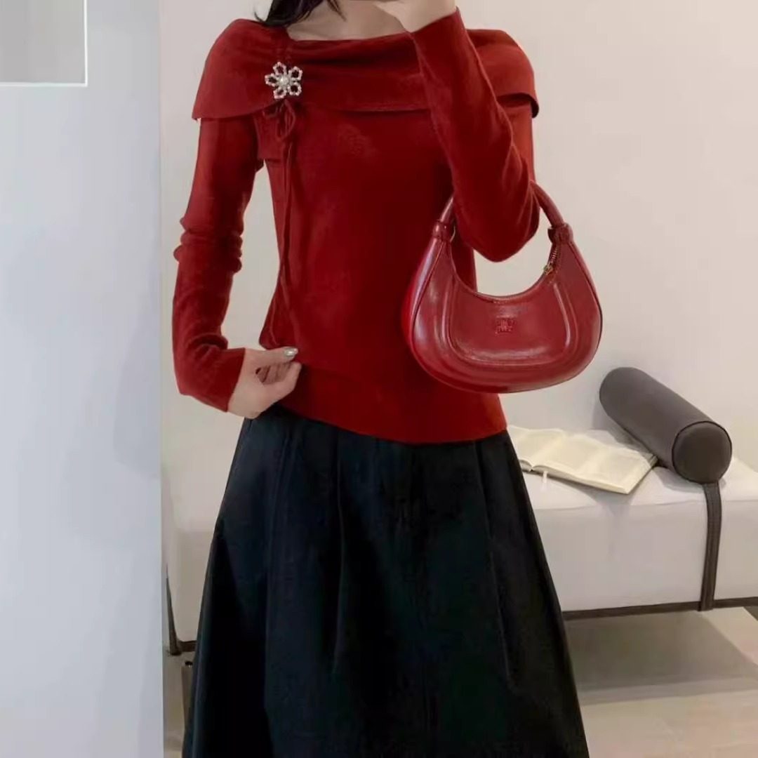 2025春秋新款法式纯欲立体花朵长袖针织衫女一字肩上衣打底衫气质,淘宝优惠券,粉丝福利购,淘宝优惠卷