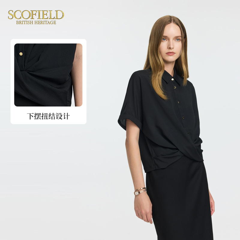 Scofield女装优雅松弛衬衫纽结设计连肩翻领衬衣2025夏季新品 - 图1