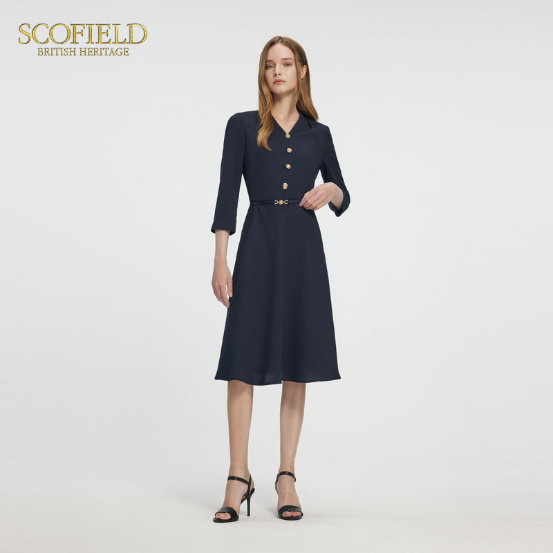 Scofield女装静奢风七分袖V领连衣裙收腰A摆连衣裙2025夏季新款 - 图3