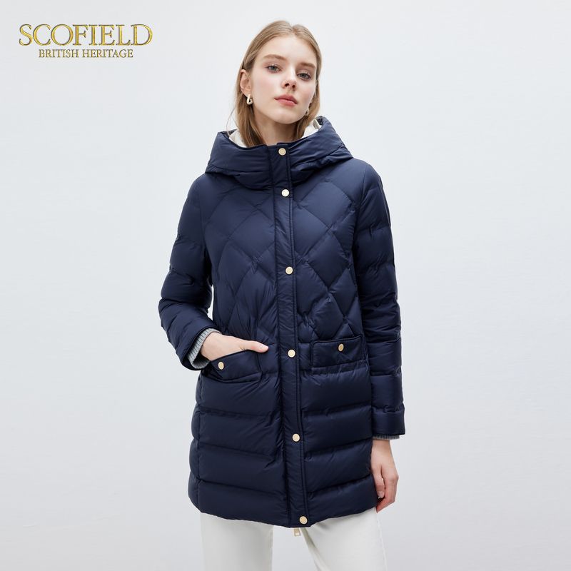 【90%鹅绒】Scofield女装优雅气质鹅绒连帽中长款修身羽绒服