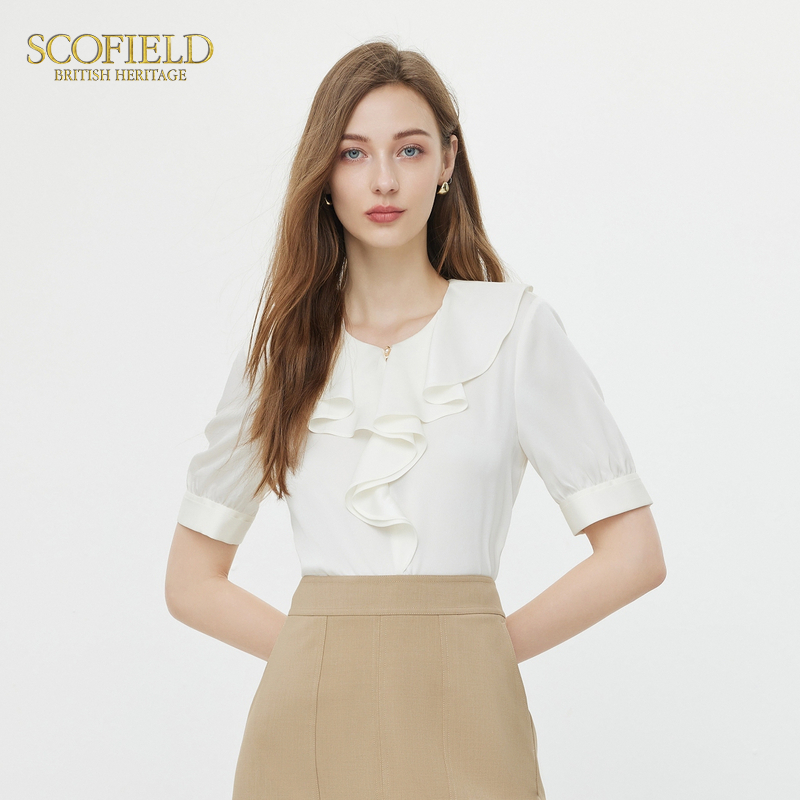 Scofield女装休闲简约荷叶领衬衫优雅通勤垂坠感衬衣夏季新品