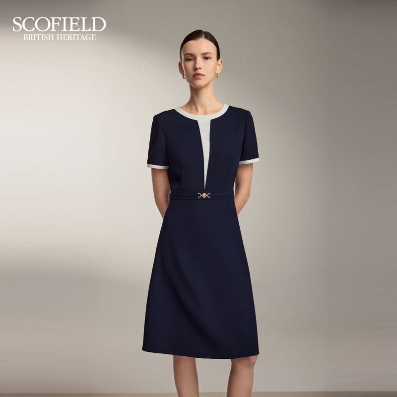 Scofield女装简约优雅拼接连衣裙荷叶裙边马衔扣链饰2025夏季新品
