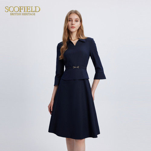 Scofield女装小V翻领优雅垂坠感收腰假两件连衣裙秋季裙子 - 图1