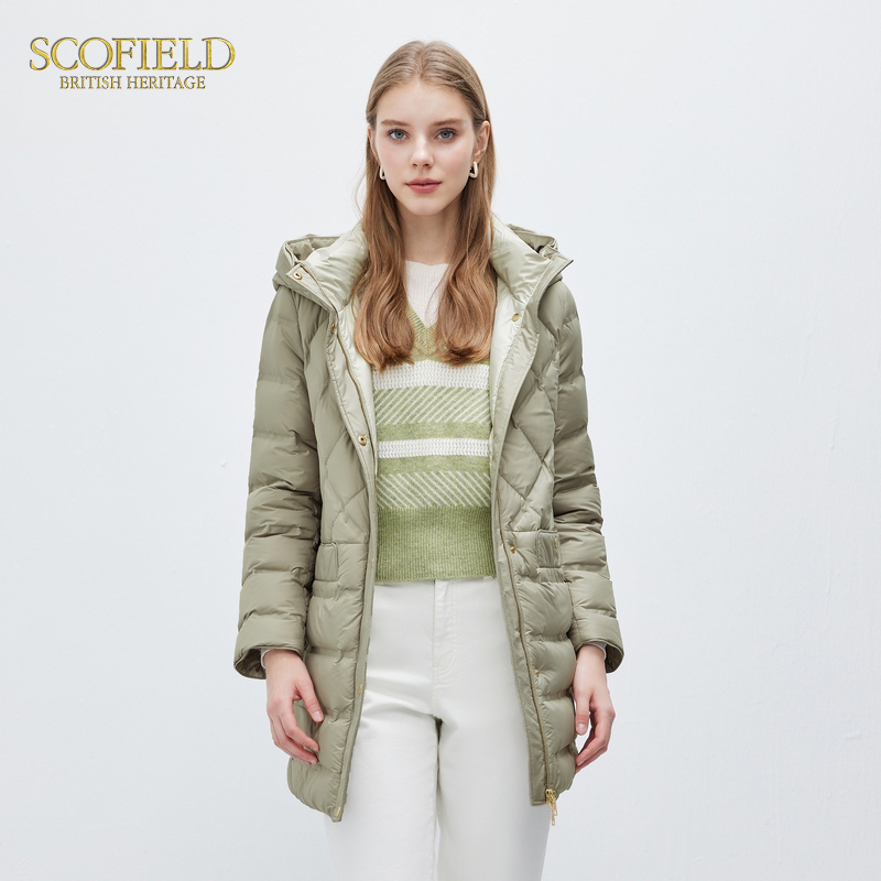 【90%鹅绒】Scofield女装优雅气质鹅绒连帽中长款修身羽绒服