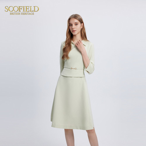 Scofield女装小V翻领优雅垂坠感收腰假两件连衣裙秋季裙子 - 图0