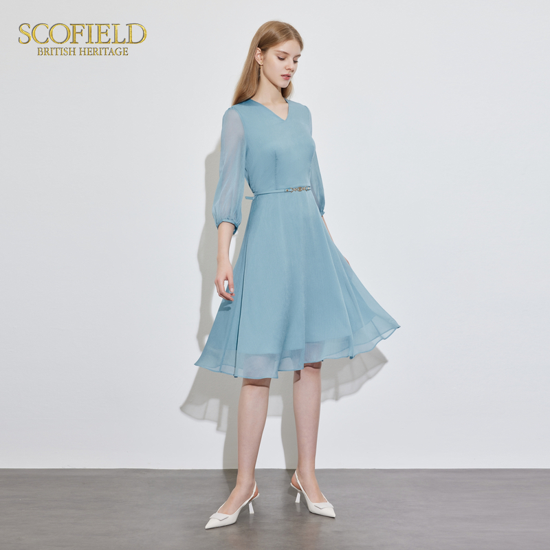 Scofield女装V领收腰显瘦立体褶皱裙连衣裙仙女裙子2024夏季新款