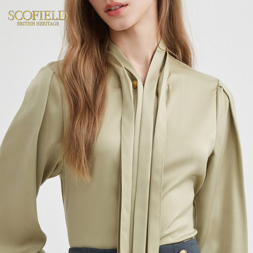 Scofield女装优雅飘带衬衫简约通勤气质泡泡袖衬衣春夏时尚上衣 - 图1
