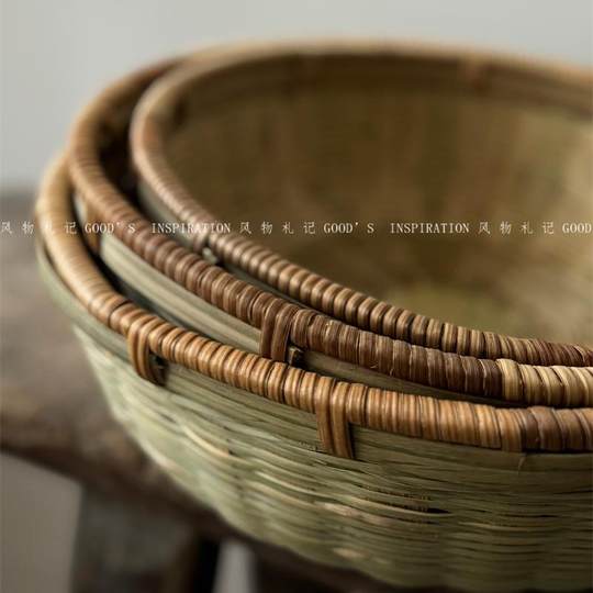 纯手工藤口头层竹青编织收纳筐子 备菜晾晒食物篮子家用水果圆形