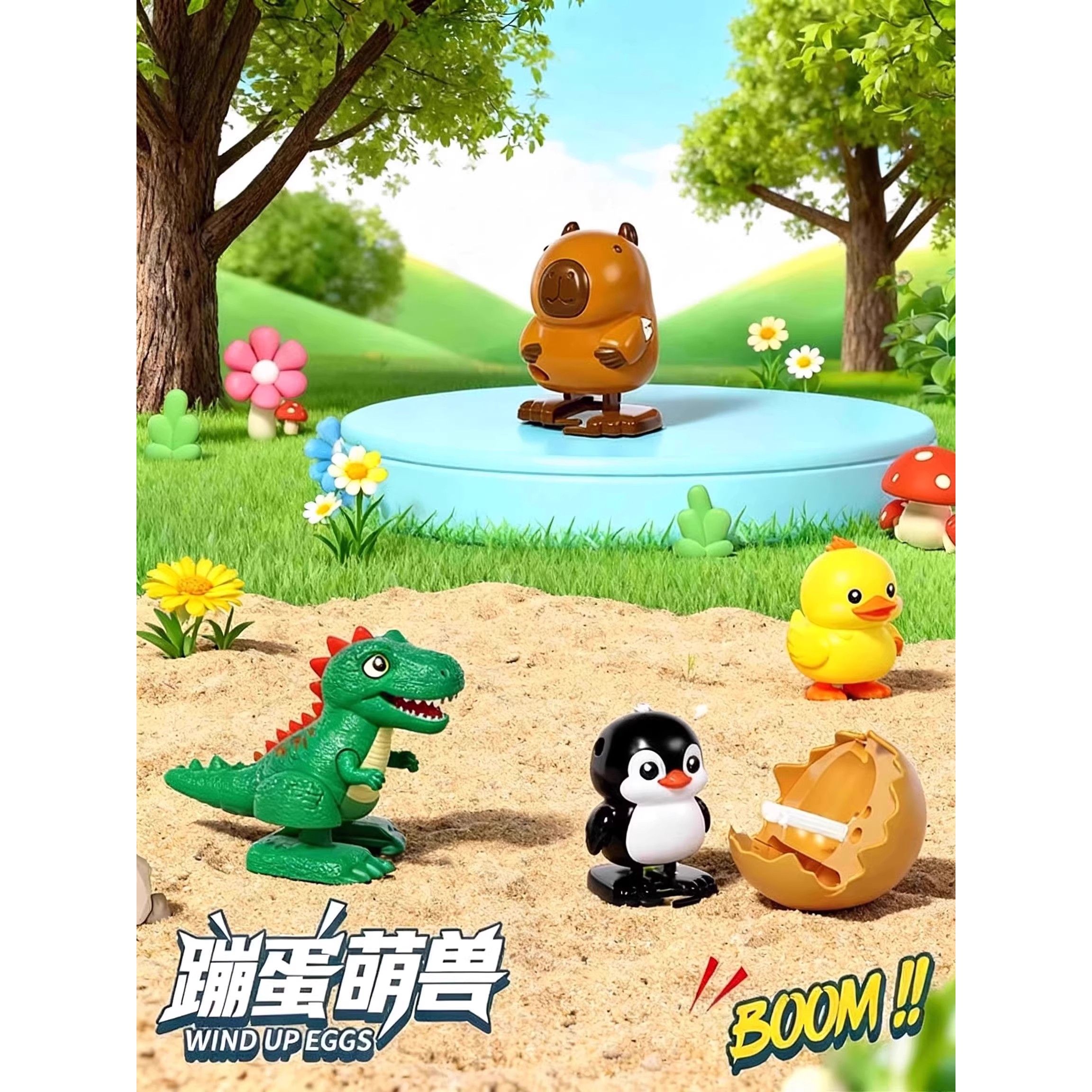 蹦蛋萌兽发条玩具小黄鸭企鹅卡皮巴拉恐龙蛋儿童仿真动物上链走路 - 图3