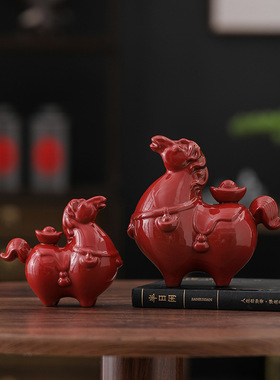 马上有钱摆件陶瓷红色招财唐马工艺创意中式客厅办公室家居装饰