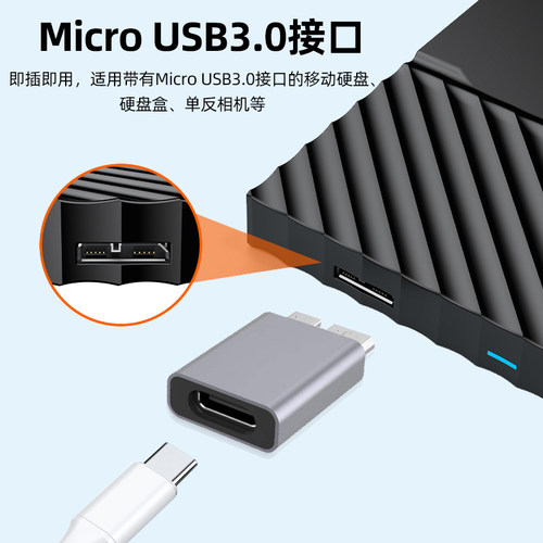 Typec母转MicroUSB3.0转接头移动硬盘线接手机单反相机联机拍摄HUB扩展器连接电脑USBC数据线5Gbps高速转换器 - 图1