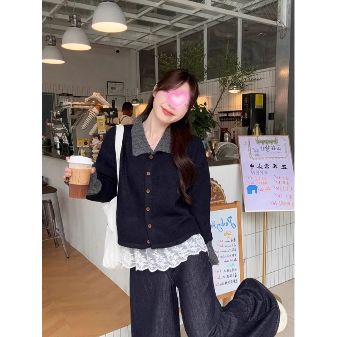 小香风条纹polo领长袖毛衣针织衫女早秋季慵懒松弛感穿搭外套上衣 - 图1