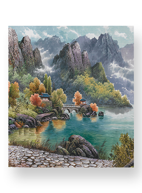 鹤寿聚宝盆水墨风景现代客厅国画
