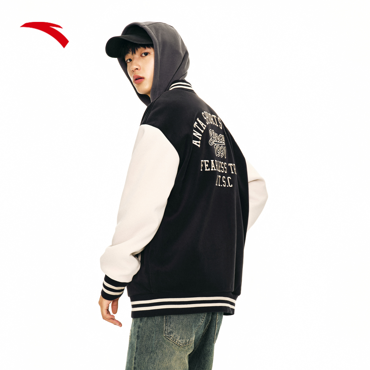 安踏美式棒球外套男冬季新款复古撞色加绒拼接外套上衣152448702N - 图0