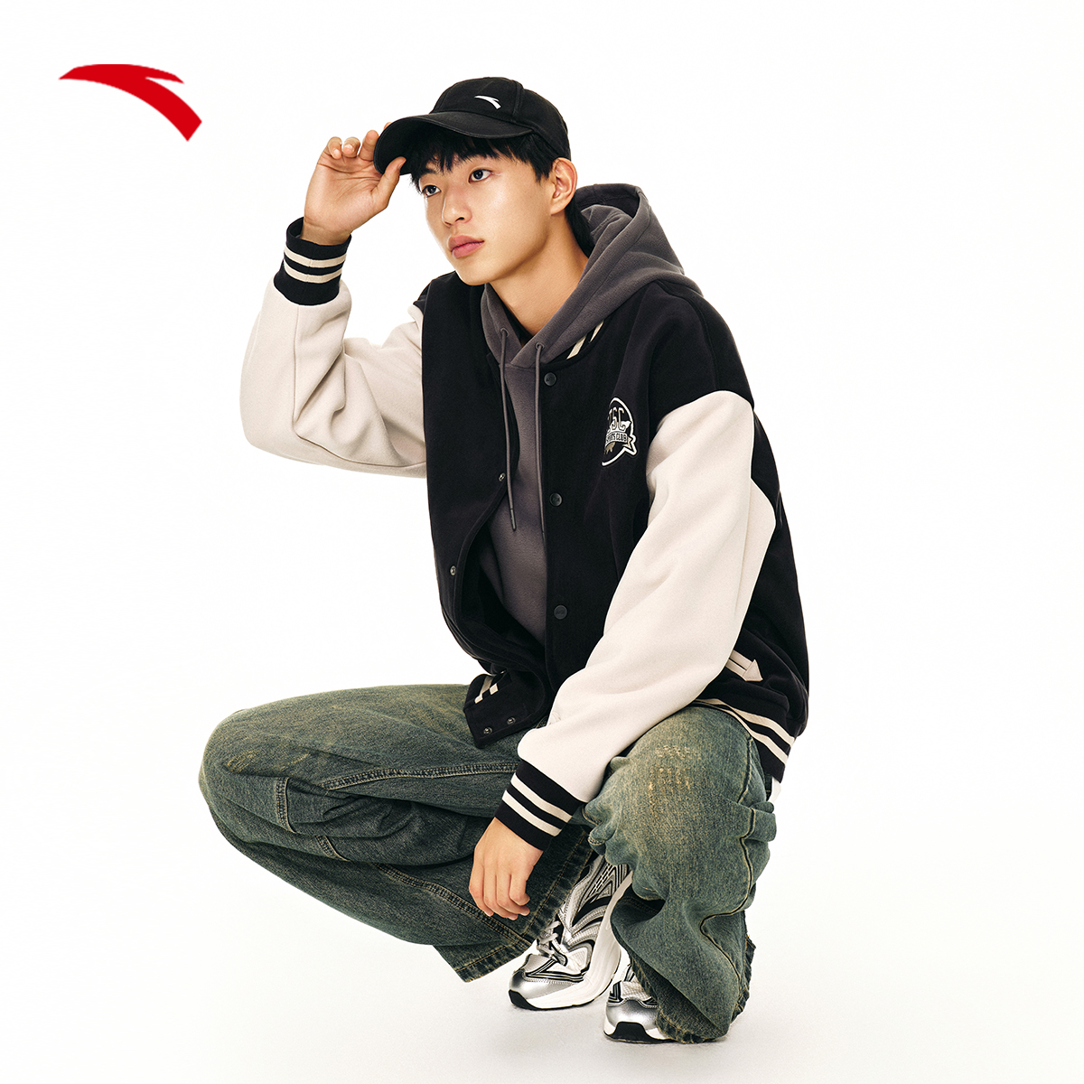 安踏美式棒球外套男冬季新款复古撞色加绒拼接外套上衣152448702N - 图2