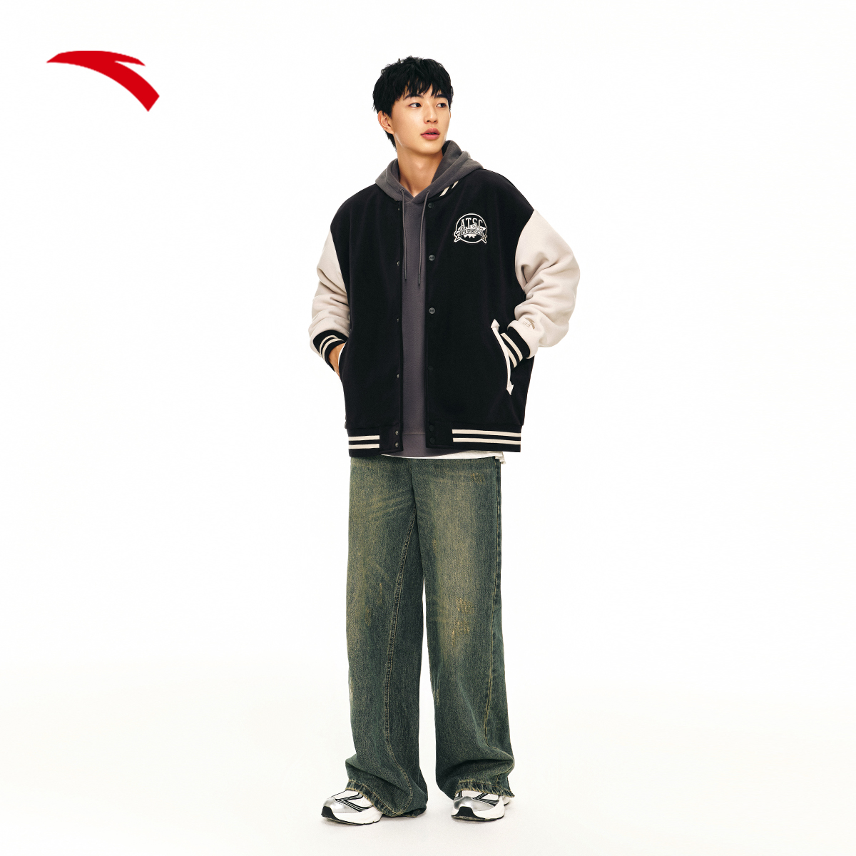 安踏美式棒球外套男冬季新款复古撞色加绒拼接外套上衣152448702N - 图3