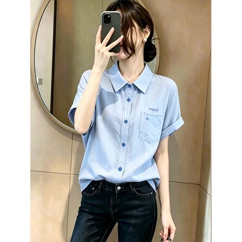 高级感衬衫女设计感小众轻熟风休闲通勤职业气质短袖polo衬衣夏季 - 图0