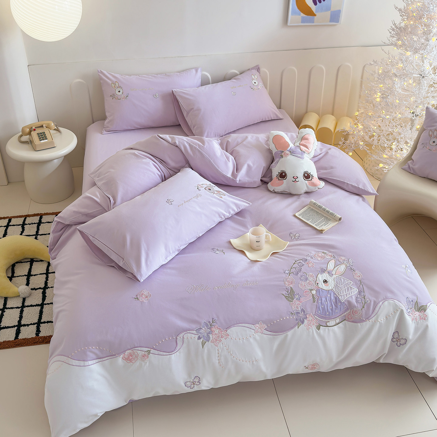 儿童床上用品加厚女孩磨毛纯棉四件套儿童全棉紫色兔子被套三件套,淘宝优惠券,粉丝福利购,淘宝优惠卷