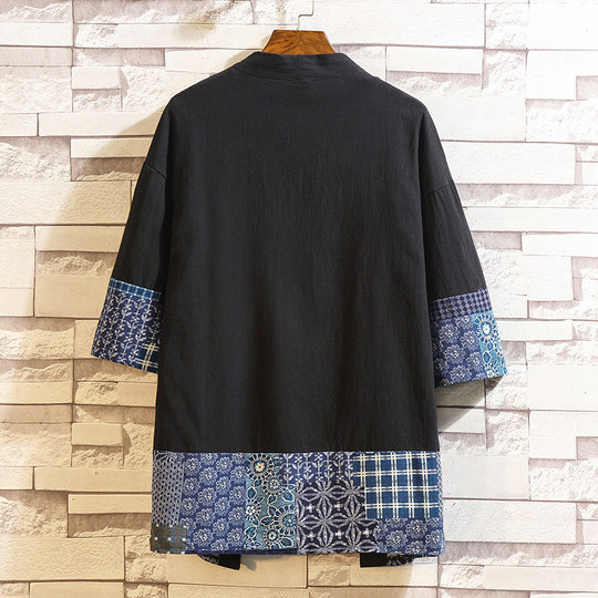 中国风男士拼接七分袖汉服开衫新中式唐装复古风披风外套大码宽松