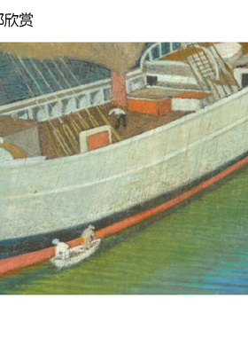 福伊河口的双桅帆船风景水彩画
