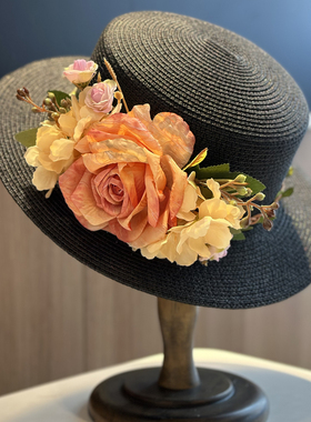小清新平顶帽子女夏草帽度假花朵