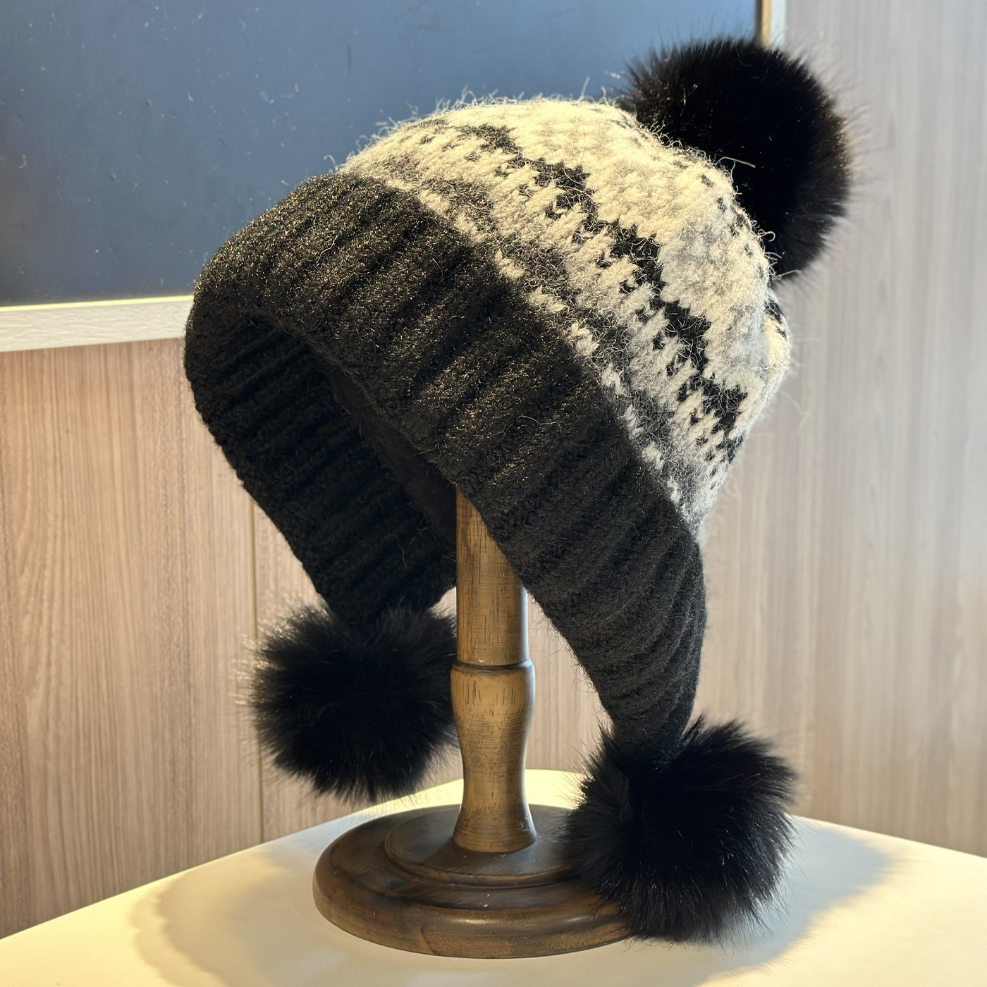 费尔岛风格纹提花毛球针织帽子女秋冬加厚双层保暖护耳毛绒毛线帽,淘宝优惠券,粉丝福利购,淘宝优惠卷