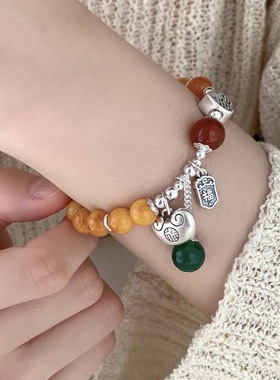 爱心胖福蜜蜡手链女999足银红玛瑙招财转运手串高级感轻奢手饰