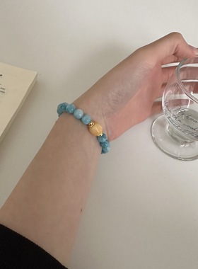 925纯银优化海纹石串珠手链女手工弹力绳款设计黄玉石手串