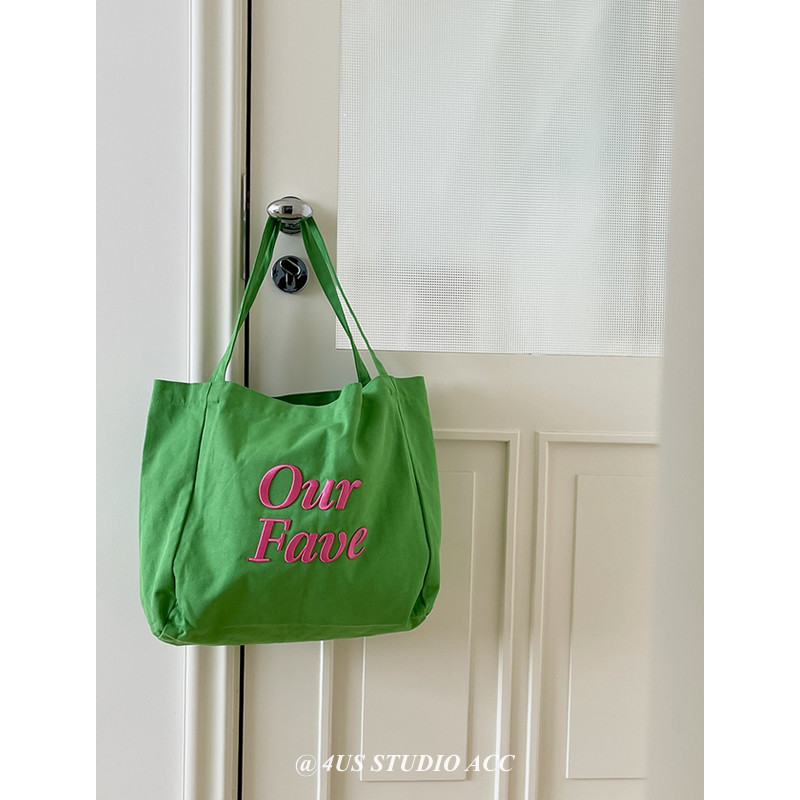 韩系慵懒风立体绣绿色帆布包大容量单肩撞色托特包小清新购物布袋,淘宝优惠券,粉丝福利购,淘宝优惠卷