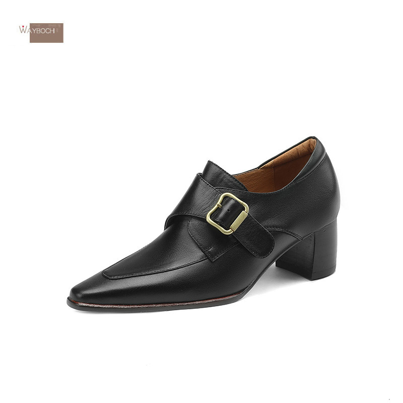 真皮粗跟深口单鞋尖头中跟女士单皮鞋秋季复古高跟鞋女鞋牛皮带扣,淘宝优惠券,粉丝福利购,淘宝优惠卷