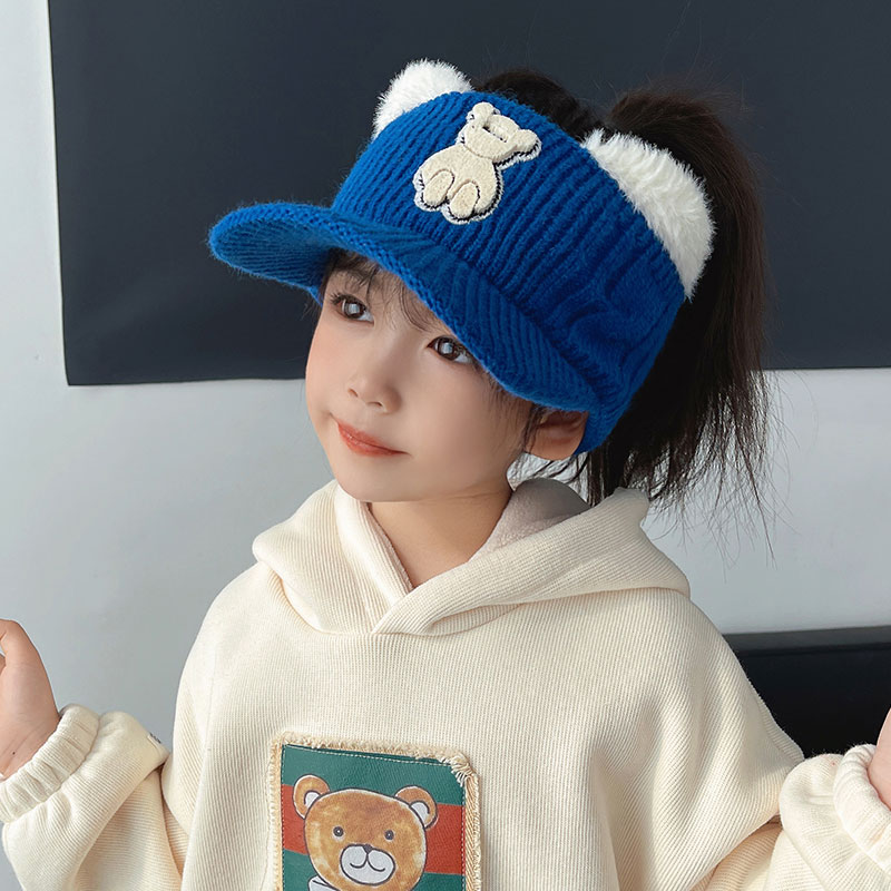 儿童帽子女孩冬天毛线帽空顶帽可爱小熊男宝宝加厚保暖针织鸭舌帽