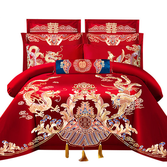 浪莎全棉婚庆四件套新婚床品多件套纯棉被套大红结婚房喜庆套件