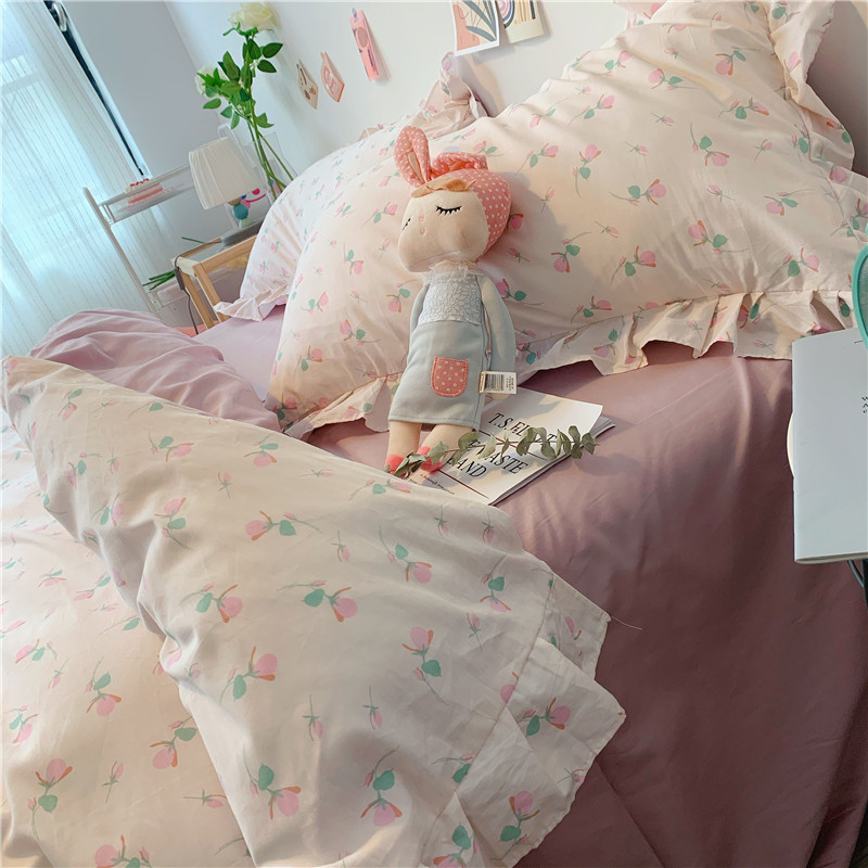 韩式花边粉色小fafa~田园风小碎花床上四件套全棉纯棉被套少女心_虎窝淘
