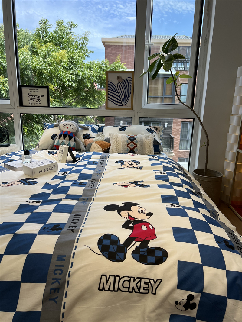 ins迪士尼格子米奇床上四件套全棉纯棉1.5m米被套床单卡通三件套