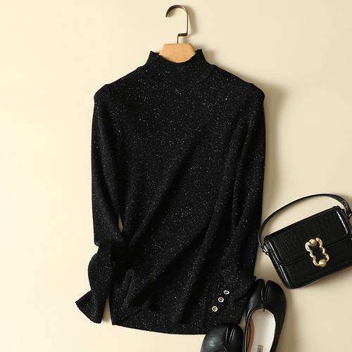 Демисезонный трикотажный свитер, лонгслив, высокий воротник, по фигуре