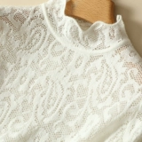 Кружевной свитер, трикотажная осенняя утепленный лонгслив, высокий воротник, коллекция 2023, в корейском стиле