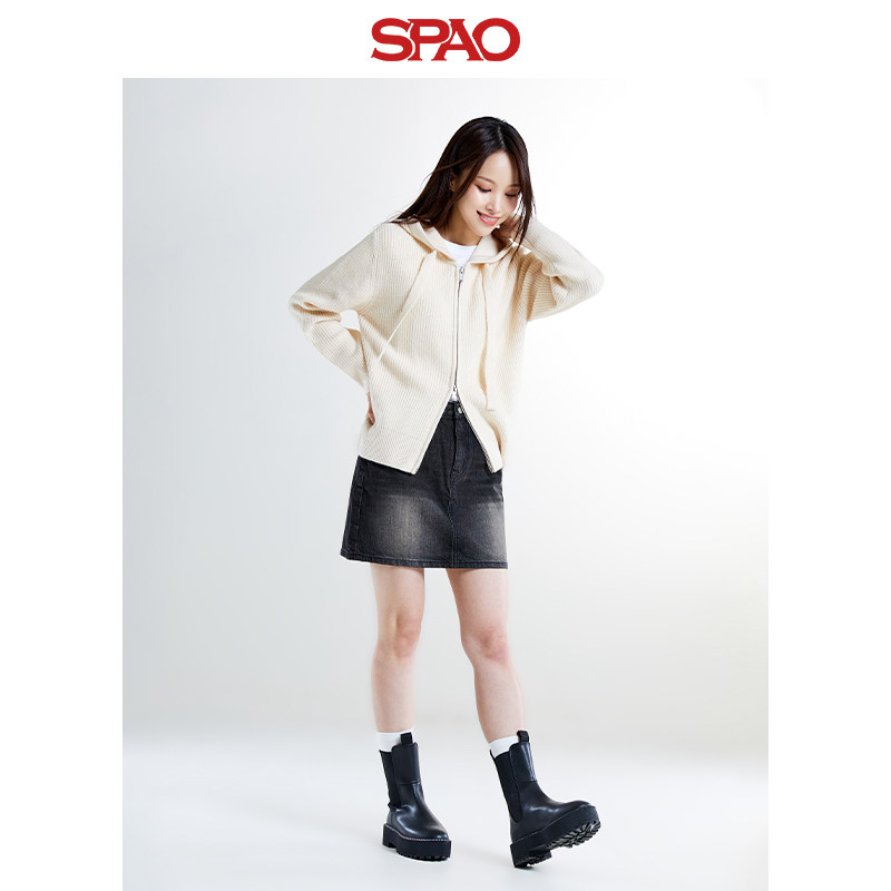 SPAO韩国同款冬季女士简约休闲连帽针织毛衣外套,淘宝优惠券,粉丝福利购,淘宝优惠卷