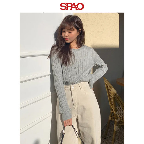 SPAO韩国同款秋季女士简约时尚易搭短款长袖毛衣开衫 - 图3
