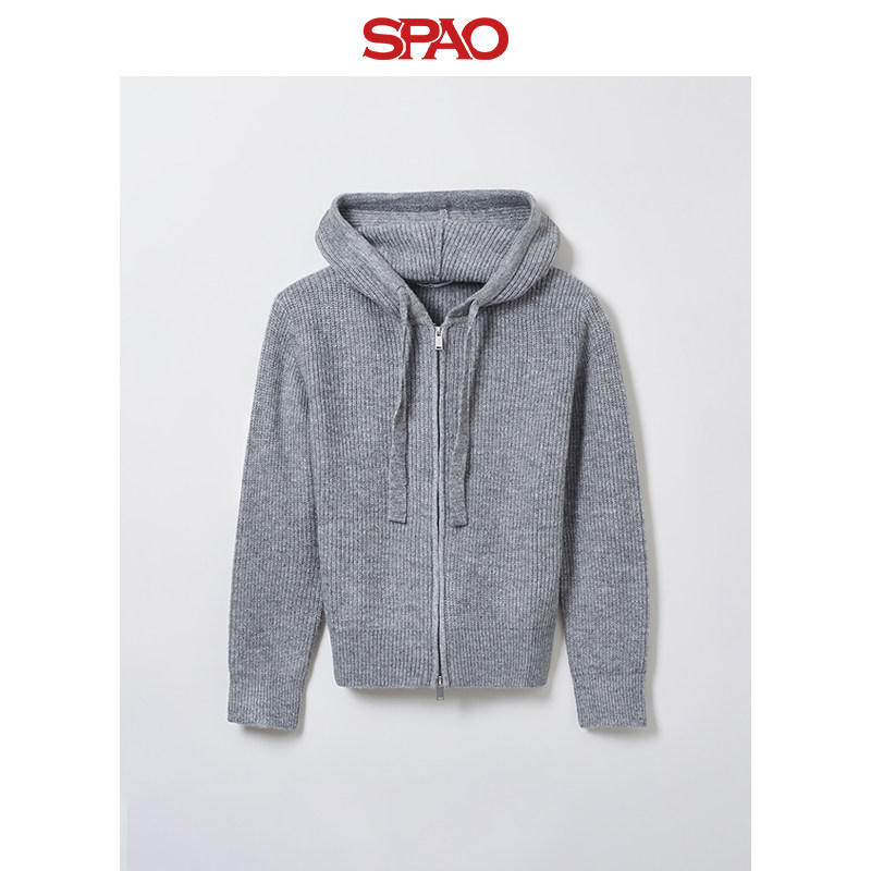 SPAO韩国同款冬季女士简约休闲连帽针织毛衣外套,淘宝优惠券,粉丝福利购,淘宝优惠卷