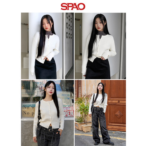 SPAO韩国同款秋季女士简约时尚易搭短款长袖毛衣开衫 - 图2
