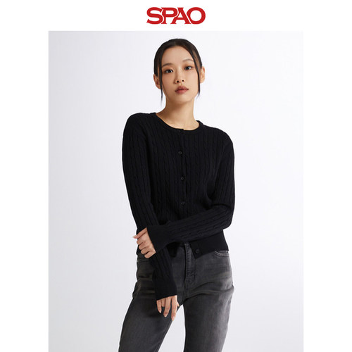 SPAO韩国同款秋季女士简约时尚易搭短款长袖毛衣开衫 - 图1