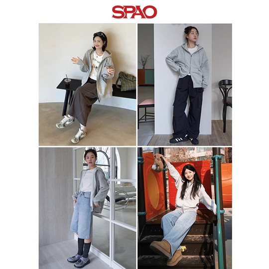 SPAO韩国同款2025年春秋季男女同款时尚纯色拉链开衫连帽卫衣