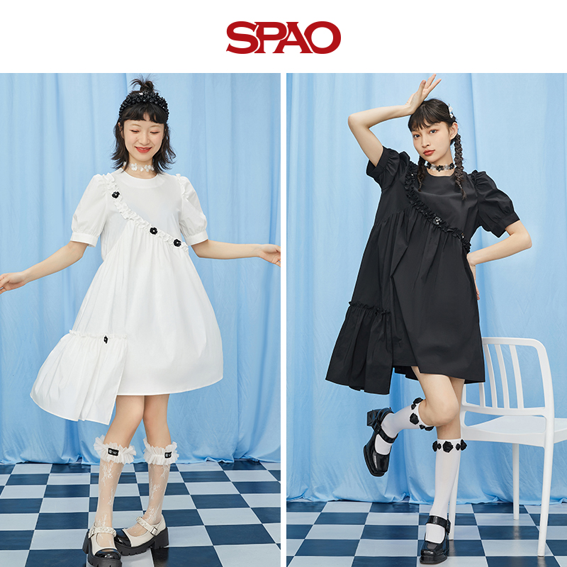 SPAO女士连衣裙夏季新款少女不规则泡泡袖连衣裙SPOWC23S33 - 图1